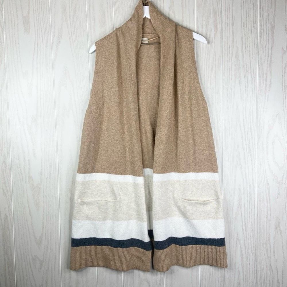 Loft Women's Tan Striped Long Open Sleeveless Cardigan Sweater Medium